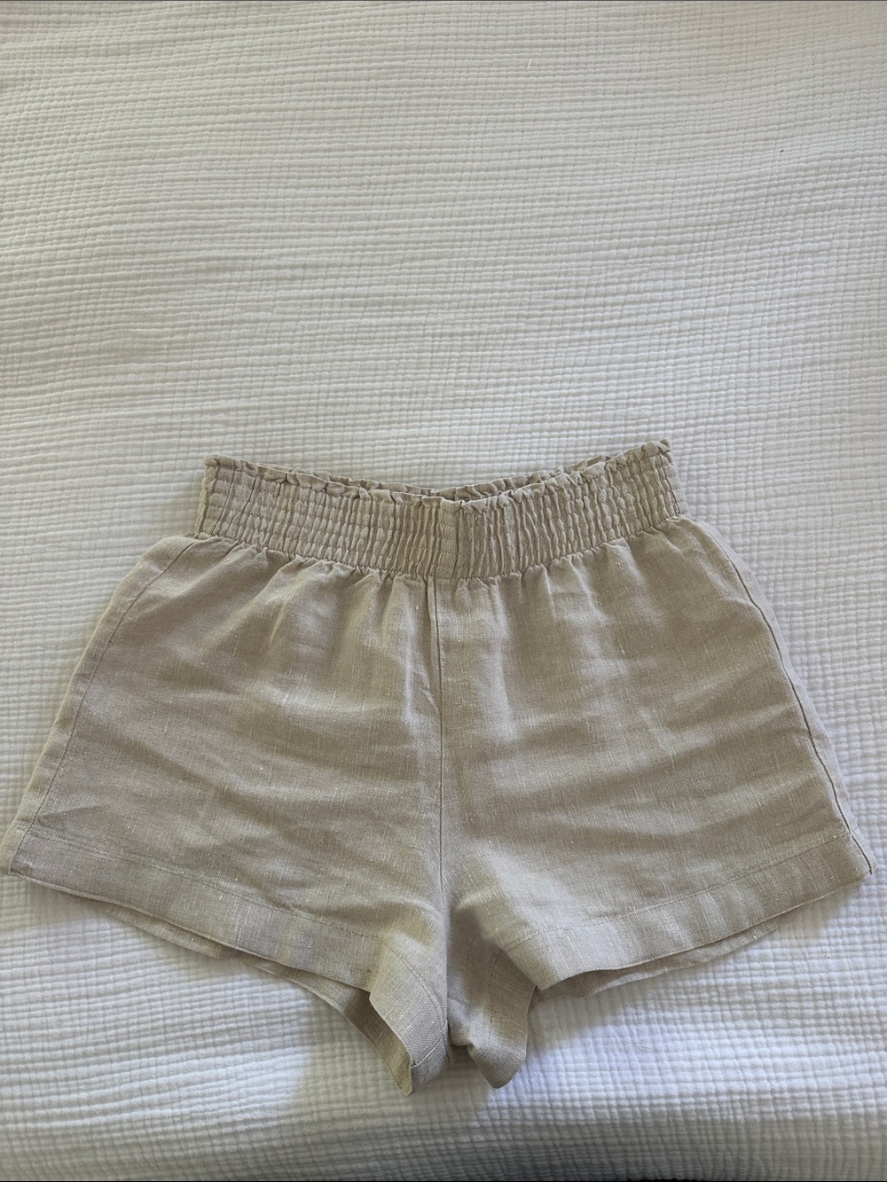 Reformation High Waist Linen Blend Shorts in Light Beige